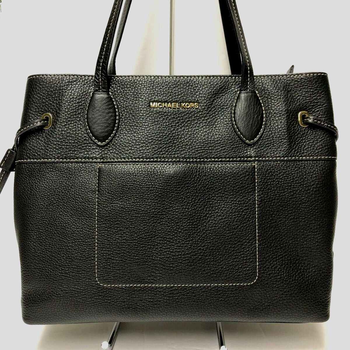 Michael Kors Mae Large East West Drawstring Tote BLACK Leather Shoulder bag  NEW