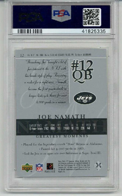 2003 UPPER DECK SP SIGNATURE #12 JOE NAMATH NEW YORK JETS PSA 10 LOW POP RARE - Image 2 of 2