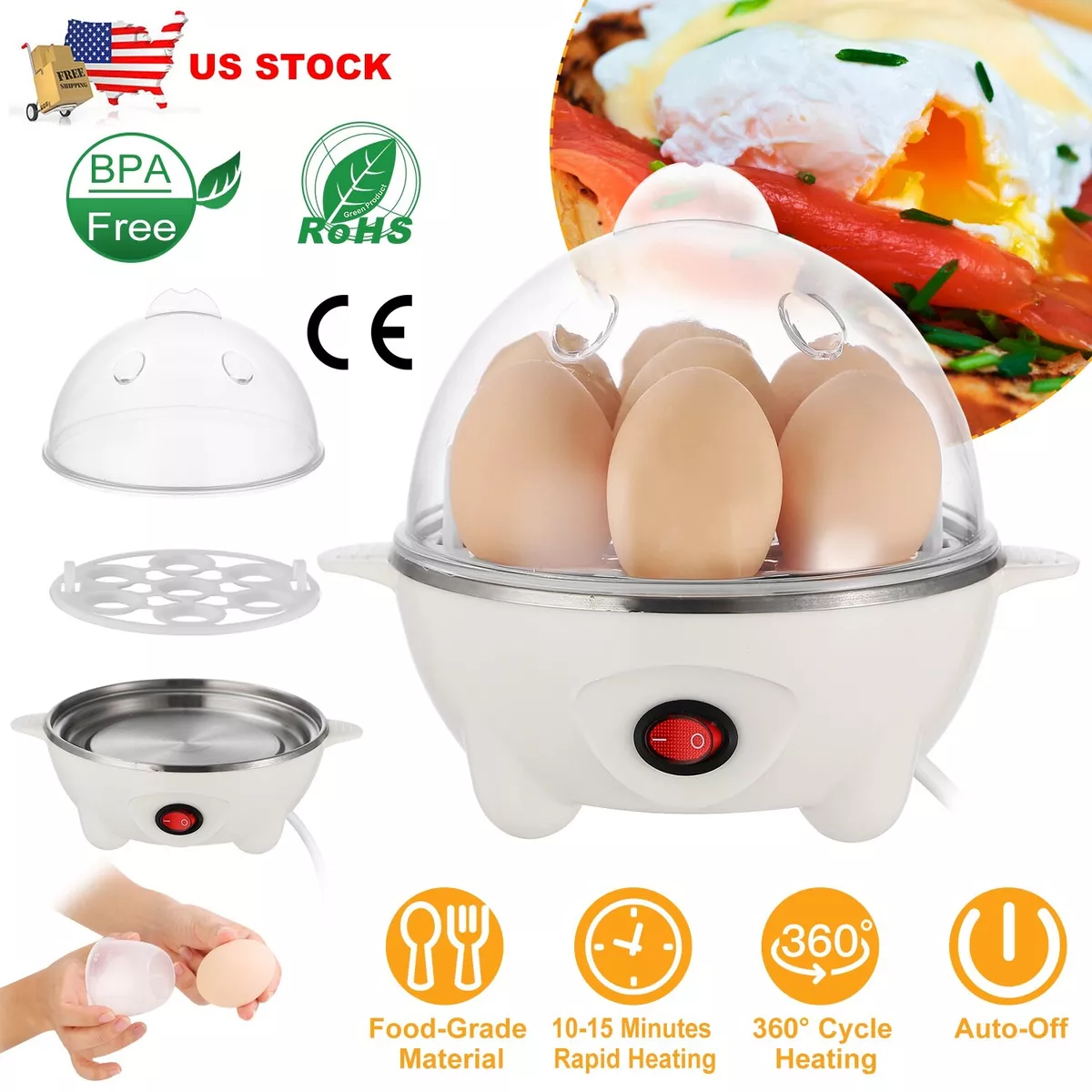 Electric Egg Cooker Steamer w/ Auto-Off Hard Egg Boiler for 7 Eggs  Food-grade