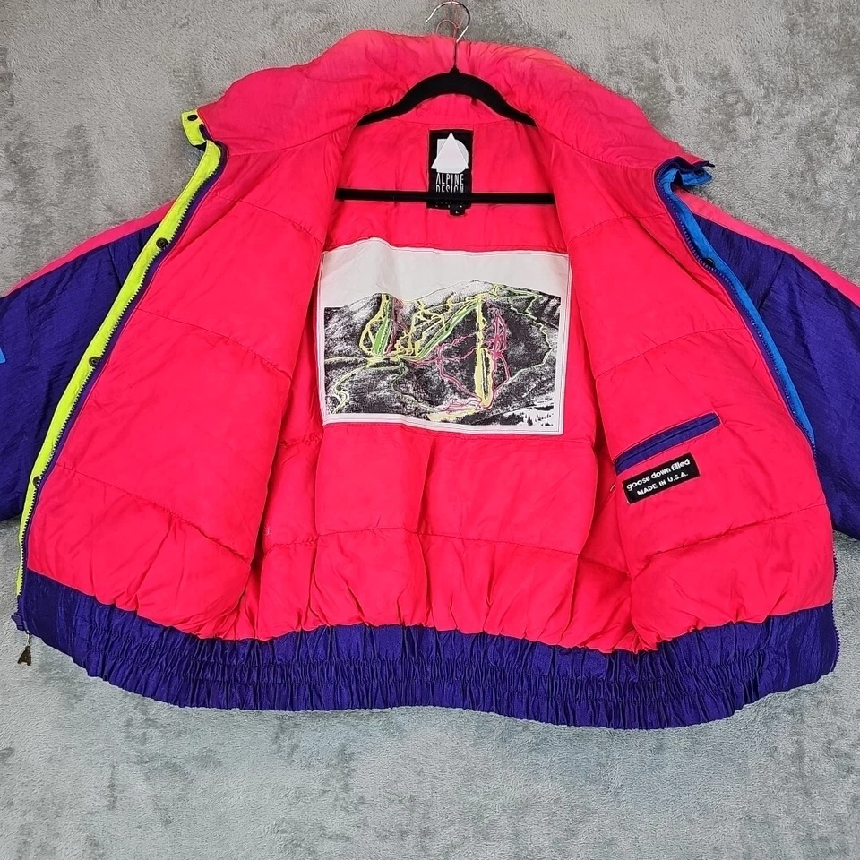Chaqueta retro vintage de plumón de ganso Ranger de diseño alpino para hombre talla L púrpura y neón Foto 3 de 4