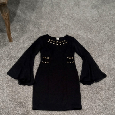 venus black and gold dress Mini with Grommets & Sheer Sleeves size XS line silhouette have a