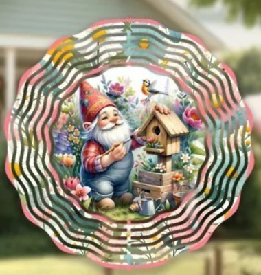 Gnome with Birdhouse 10'' Wind Spinner Handmade