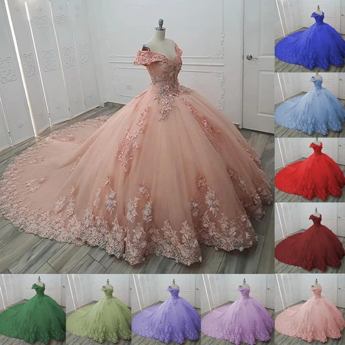 Beaded Pink Quinceanera Dresses Off The Shoulder Floral Sweet 16 Party Ball Gown - Picture 1 of 27