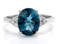 3.20 Carat Natural London Blue Topaz and Diamonds in 14K Solid White Gold Ring