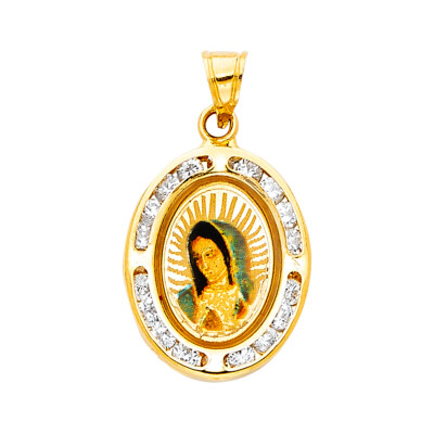 14K Gelbgold Guadlupe Zirkonia religiöser Anhänger für Halskette oder Kette