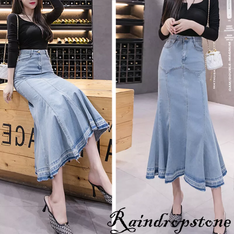 Women Denim Long Skirt Fishtail High Waist Bodycon Maxi Jeans Elegant  Skirts New 