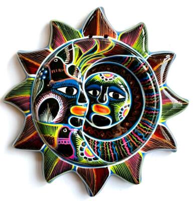 Mexican Sun Moon Face Eclipse Folk Art Talavera Pottery Hand Painted 11''  #20