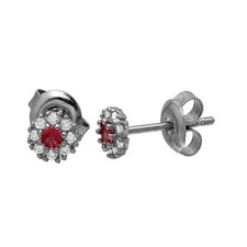 Dainty Ruby Halo Flower Stud Earrings in Sterling Silver