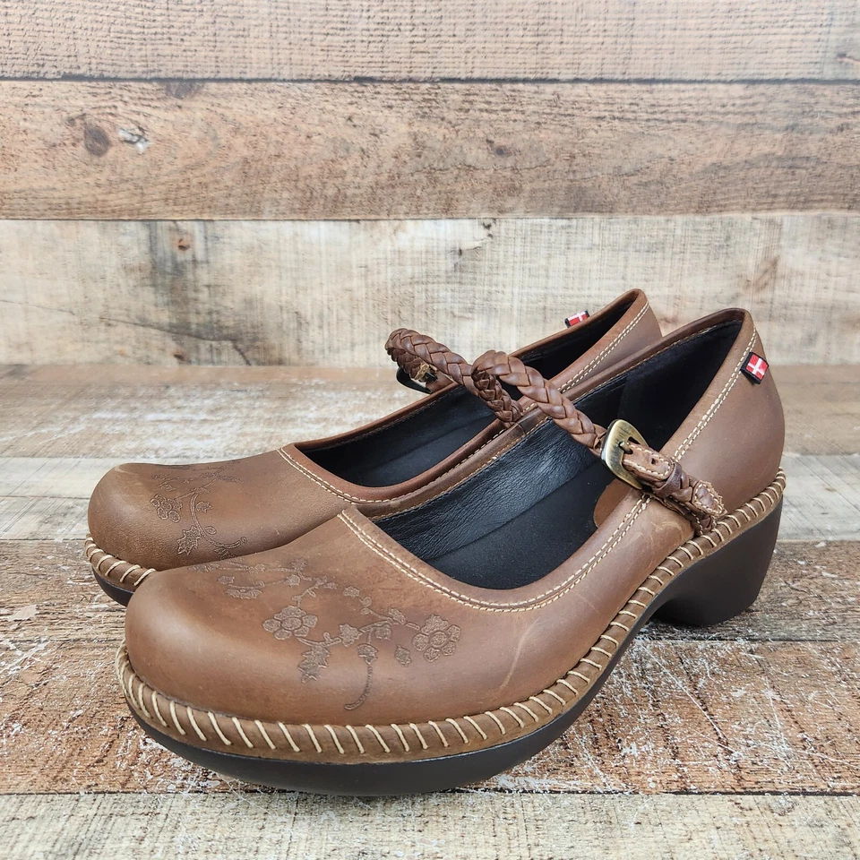 Ecco Sussex Floral Women Size 6/6.5 EU 37 Brown Leather Clogs Mary Jane Braid - Image 3 of 4