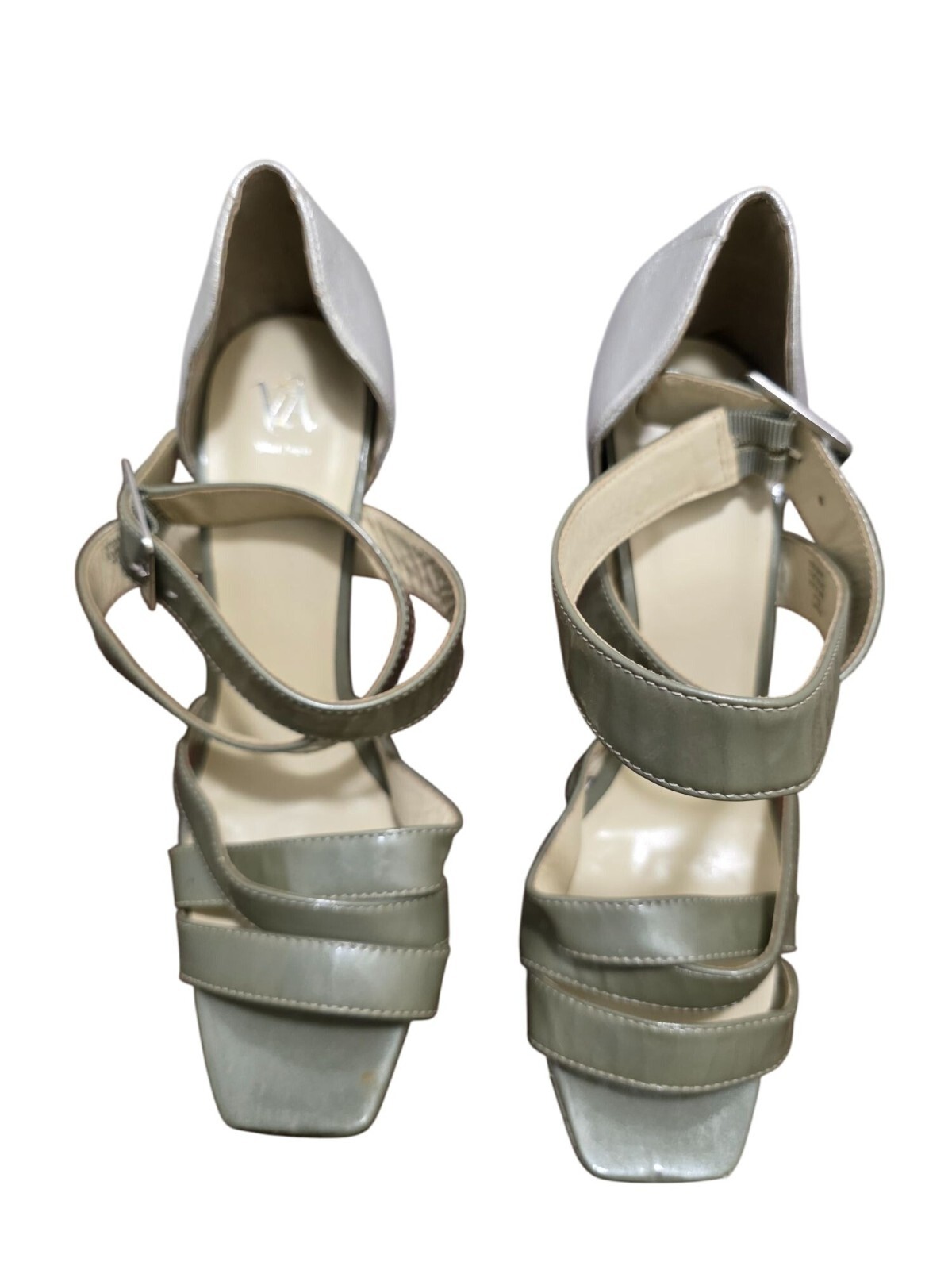 Velvet ANGEL Metallic Silver & Olive Green Strappy High Heel Sandals Buckle Clos