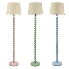 Pastel Bobbin Floor Lamp Base Fabric Scallop Lampshade White Trim Light LED Bulb