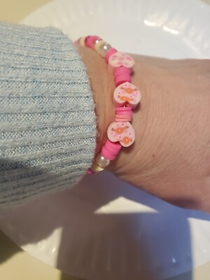 Handmade Womens/Girls Stretchy Bracelet Pink Hearts, Pink & White