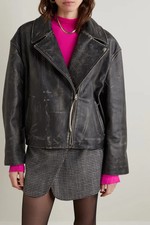 Distressed Black Oversized Vintage Style Biker Leather Jacket Women, Cowhide