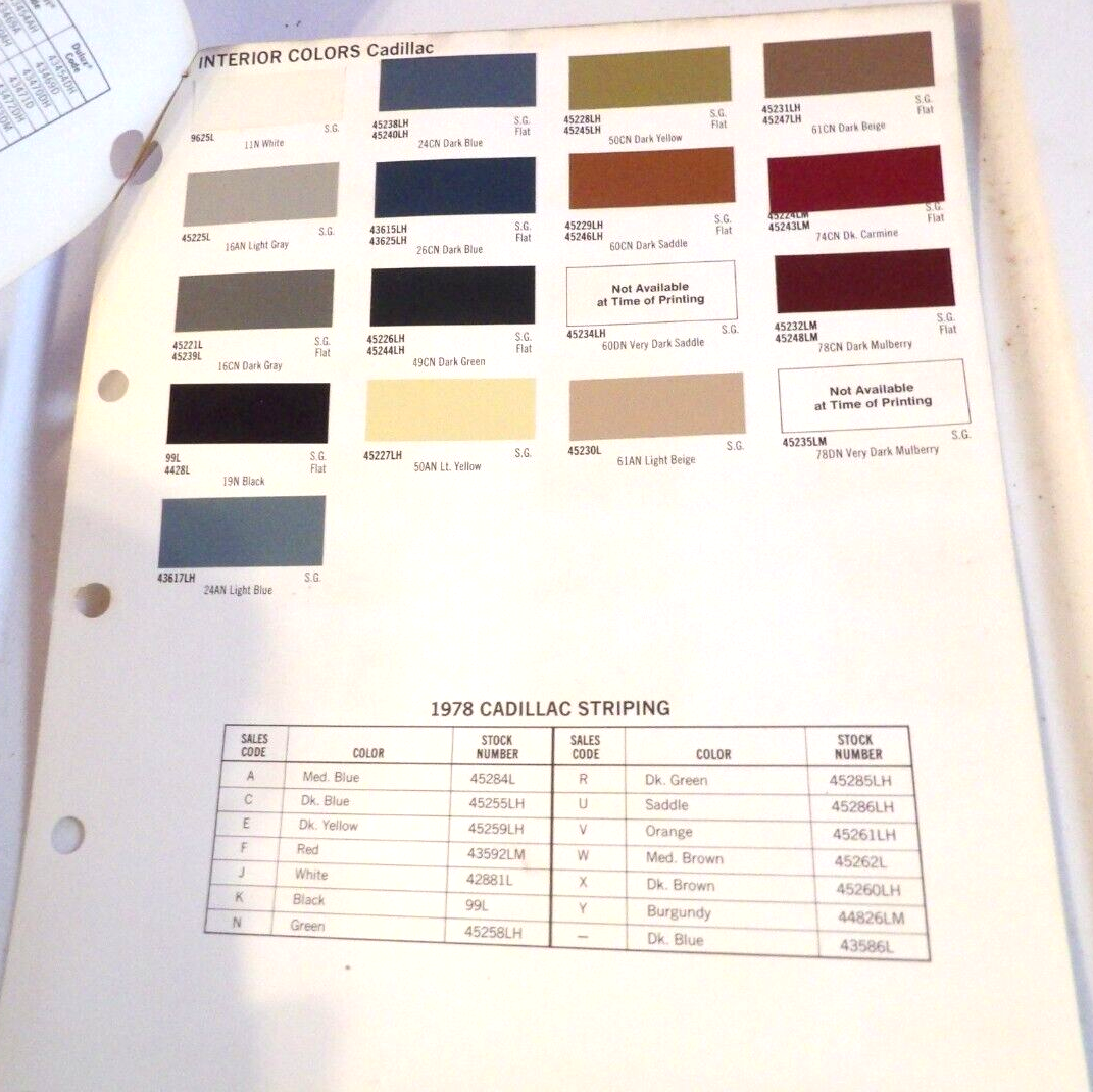 1978 Cadillac Paint chip Card Chart Exterior & Interior Colors | eBay