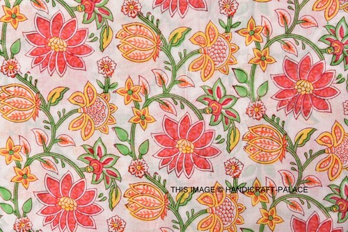 Tissu Imprimé Indien Sanganeri - Coton 100% - 5 Yards - Motifs Main - Neuf