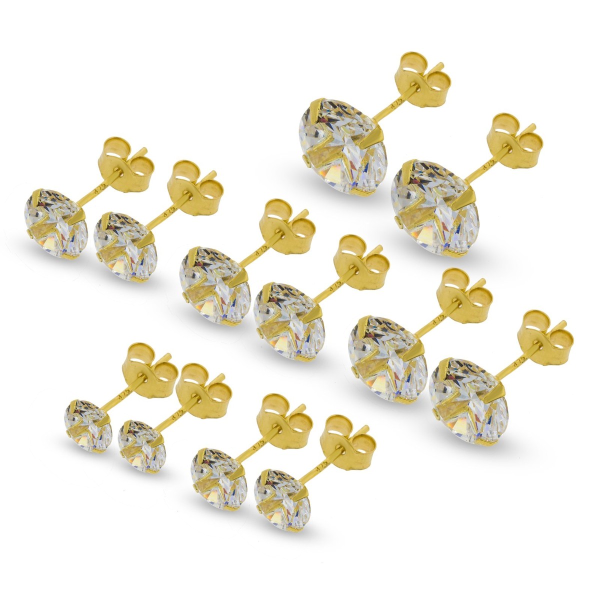 9CT GOLD CZ STUD EARRINGS ROUND BRILLIANT WHITE 8MM CUBIC  ZIRCONIA