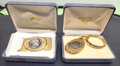 2 PIECE FOSTER MONEY CLIP & KEYRING BUFFALO INDIAN HEAD BOXED NOS SEE PACKAGING