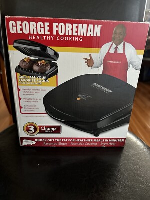 New Black George Foreman Healthy Cooking 3 Champ Grill GR10B W/attachments