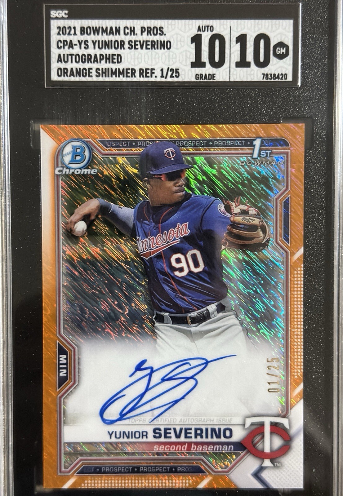 2021 Bowman Chrome Prospects Yunior Severino /25 ORANGE Shimmer AUTO 01/25