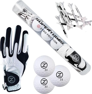 SALE Zero Friction Herren Golf Super Tube, Handschuh, Golfbälle und Tees. Weiß.