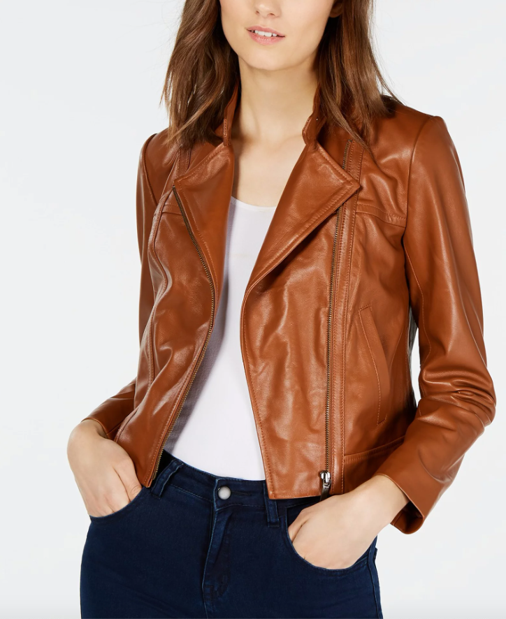Michael Kors Women Luggage Real Leather Moto Jacket Size 1X NWT 260