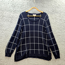 Sussan Womens Jumper Size M Navy Blue White Check Knit Lightweight Long Sleeve