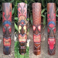 4 Set of Hand Carved Wooden Tiki Totem Masks Tropical Bar Patio Decor 39"x 6"