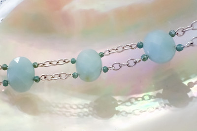 Aqua Blue Chalcedony Beaded Sterling Silver Chain Bracelet 8'' Toggle Clasp