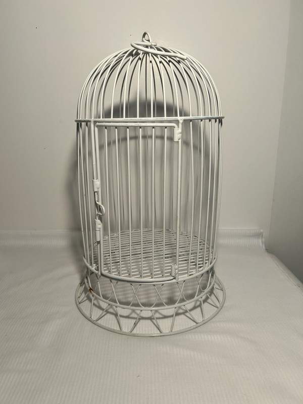 White Dometop Metal Bird Cage With Hinged Door Hanging/Tabletop Decor
