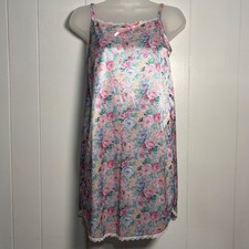 Vintage Cassie Girls Floral Satin Nightgown Pink Blue Lace Trim Made in USA 12