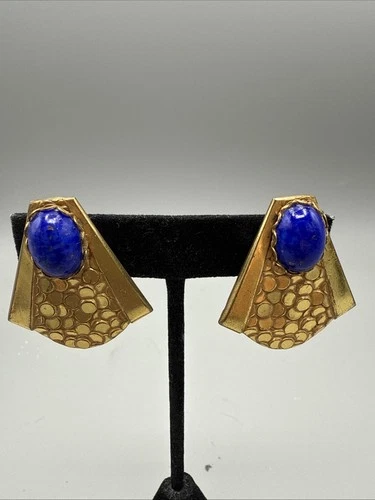 Vintage Miriam Haskell Blue Lazurite Glass Gold tone Screw Back Earrings