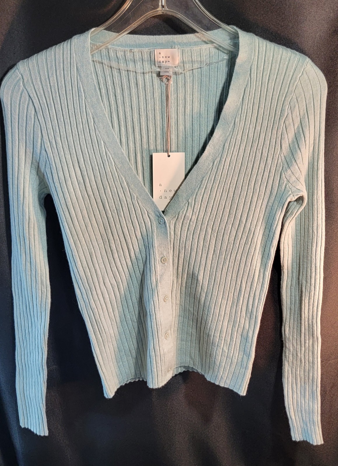 NWT A New Day  Button-Front Fine Gauge Ribbed Long Sleeve Cardigan Lt Blue XS