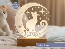 Cat Custom Name Light, Personalized Kids Bedroom LED Moon Lamp