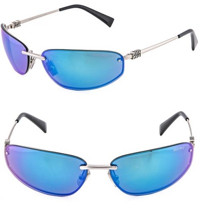 MIU MIU AUBE MUA50S A50 Silver Blue Mirror Narrow Mask Wrap Logo Iconic Sunglass