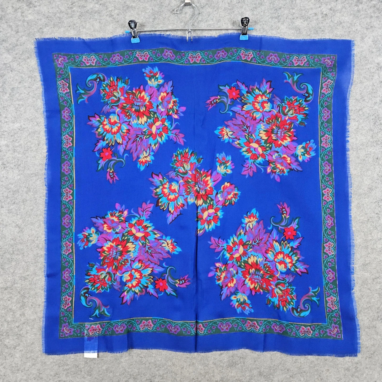 Challis Berkshire Acrylic Scarf Blue Floral Print Square Made in Japan NEW NWT