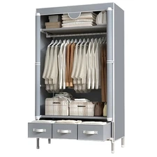 Portable Clothes Closet Rolling Door Wardrobe with Hanging Rack Non-Woven