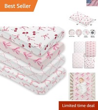 4 Pack Pink Bow Crib Sheet Set for Baby Girl, Soft Breathable Fitted Crib She...