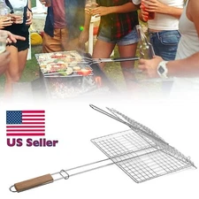 Grill Basket Folding Meat BBQ Fish Grilling Skewer Kit Stainless Steel New USA