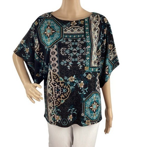 Chico’s Black Teal Medallion Print Flutter Sleeve Blouse Top Size Medium