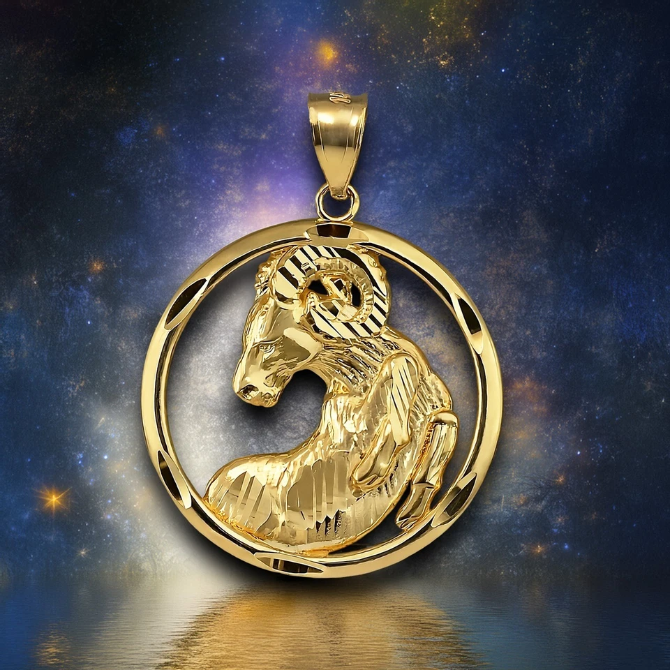 Aries Zodiac Sign Gold Ram Round DC Pendant | 10k 14k Yellow White Rose Gold - Image 2 of 4