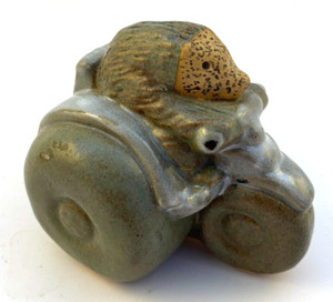 Hedgehog on a Motorcycle Ceramic Figurine Gray Woodland Animal