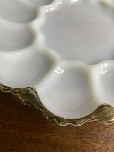 Deviled Ei Servierschale weiß Milchglas mit Goldrand 10 Zoll überbacken - Bild 6 von 6
