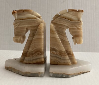 Vintage Heavy Marbled Alabaster Trojan Horse Head Bookends Damaged See Details