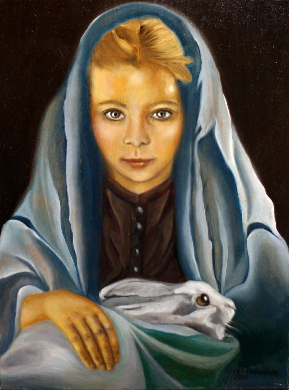 art 95 original painting 40x30 cm PZ oil on canvas children rabbit realizm