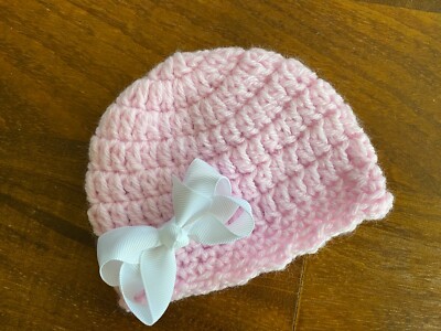 NEW~ Baby Girl Premature Preemie Pink Knit Bow Hat Beanie 14-15