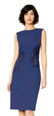Tadashi Shoji Mima Embroidered Beaded Cutout Neoprene Navy Sheath Dress L
