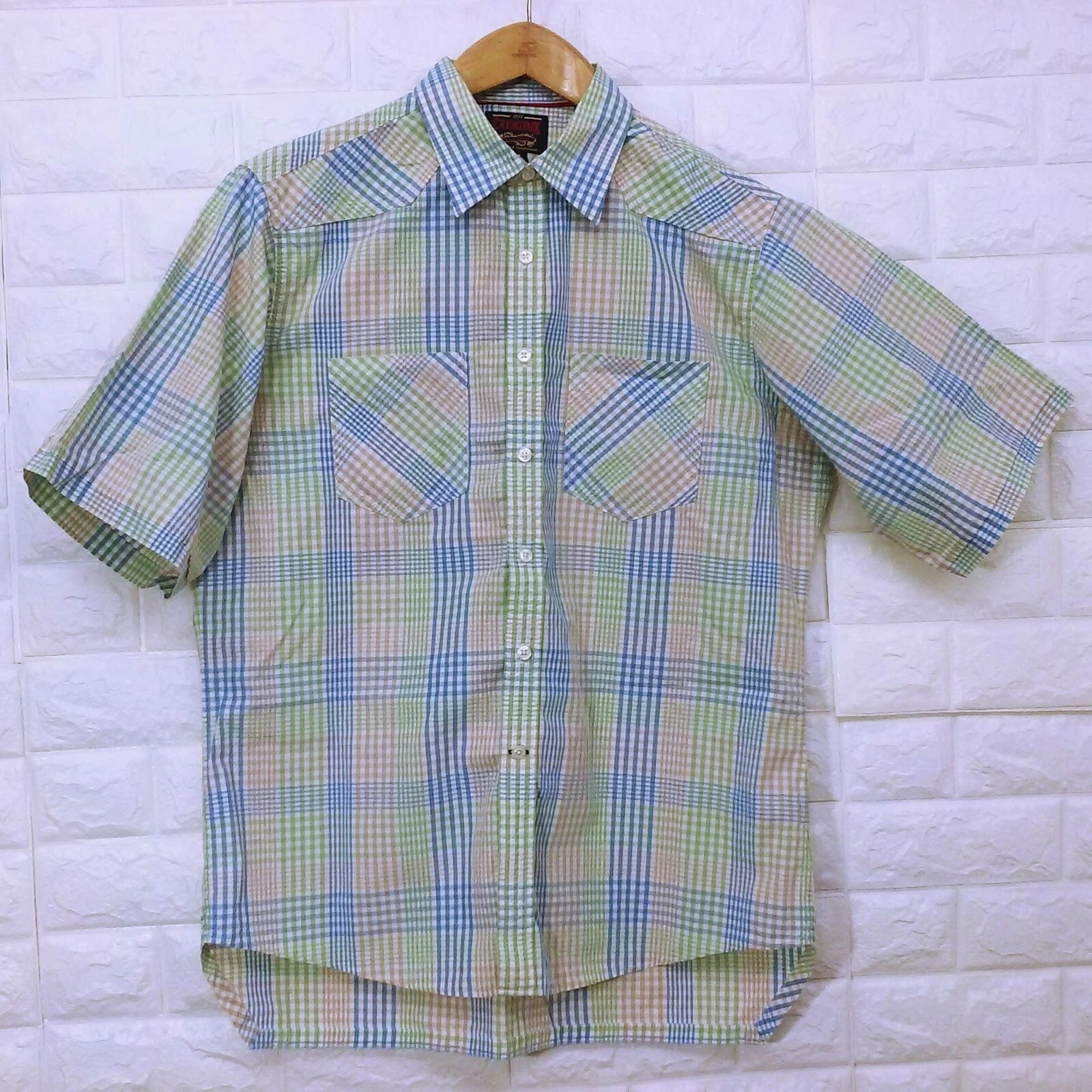 Cremieux Checked Gingham SS Button-up Shirt Sz-L Cotton Pockets Stitch Detail