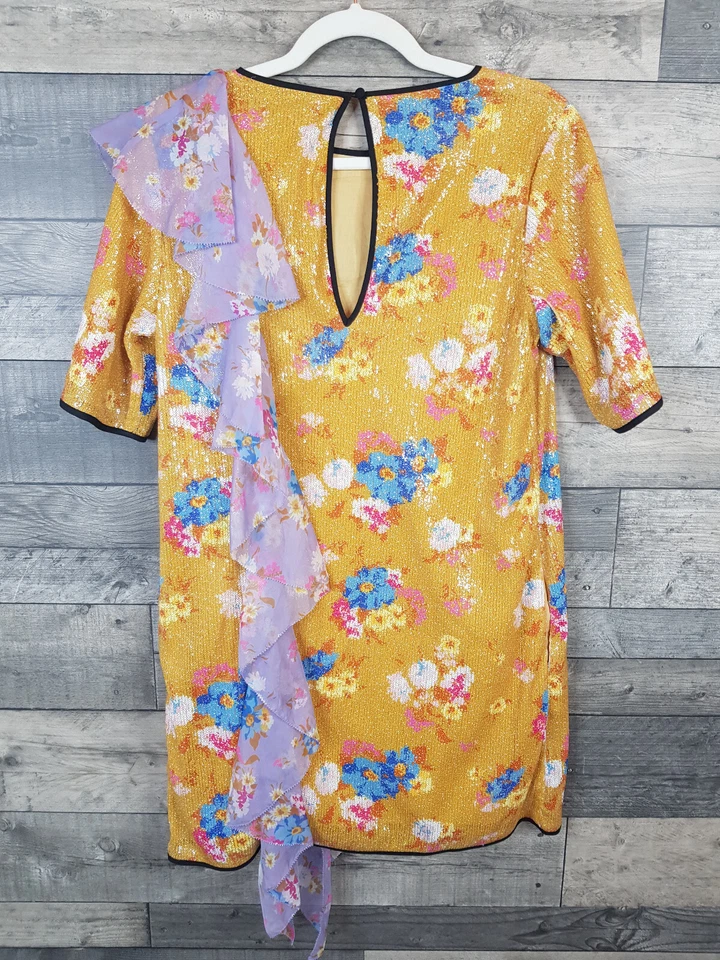 Vestido Manoush Floral Ráfaga Lentejuelas Talla UK 10 Amarillo Volantes Camiseta Cambio Foto 2 de 4