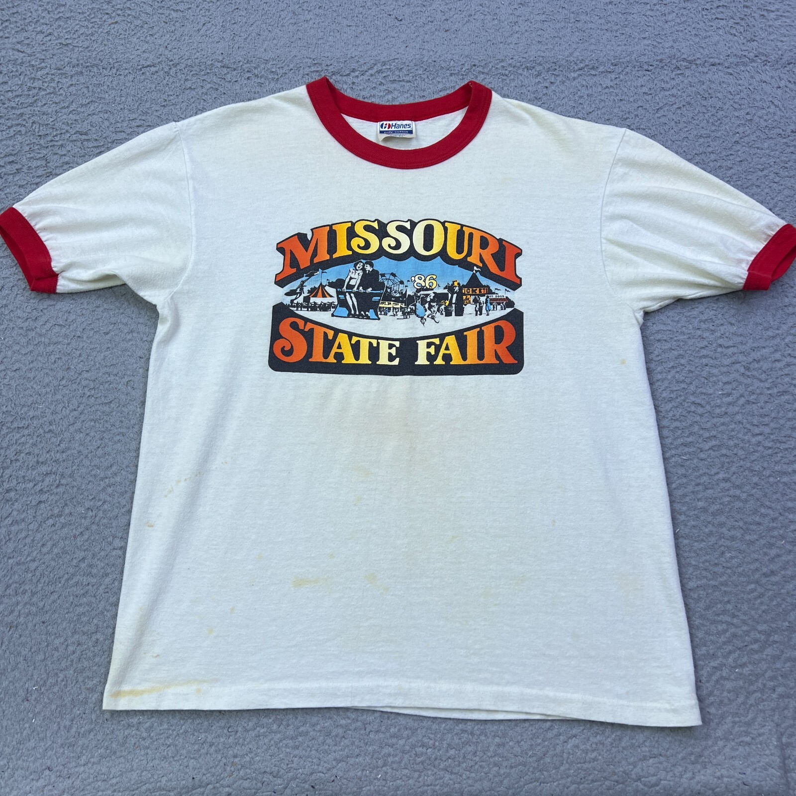 Vintage 1986 Missouri State Fair White L Ringer Tee USA Made Double-Sided