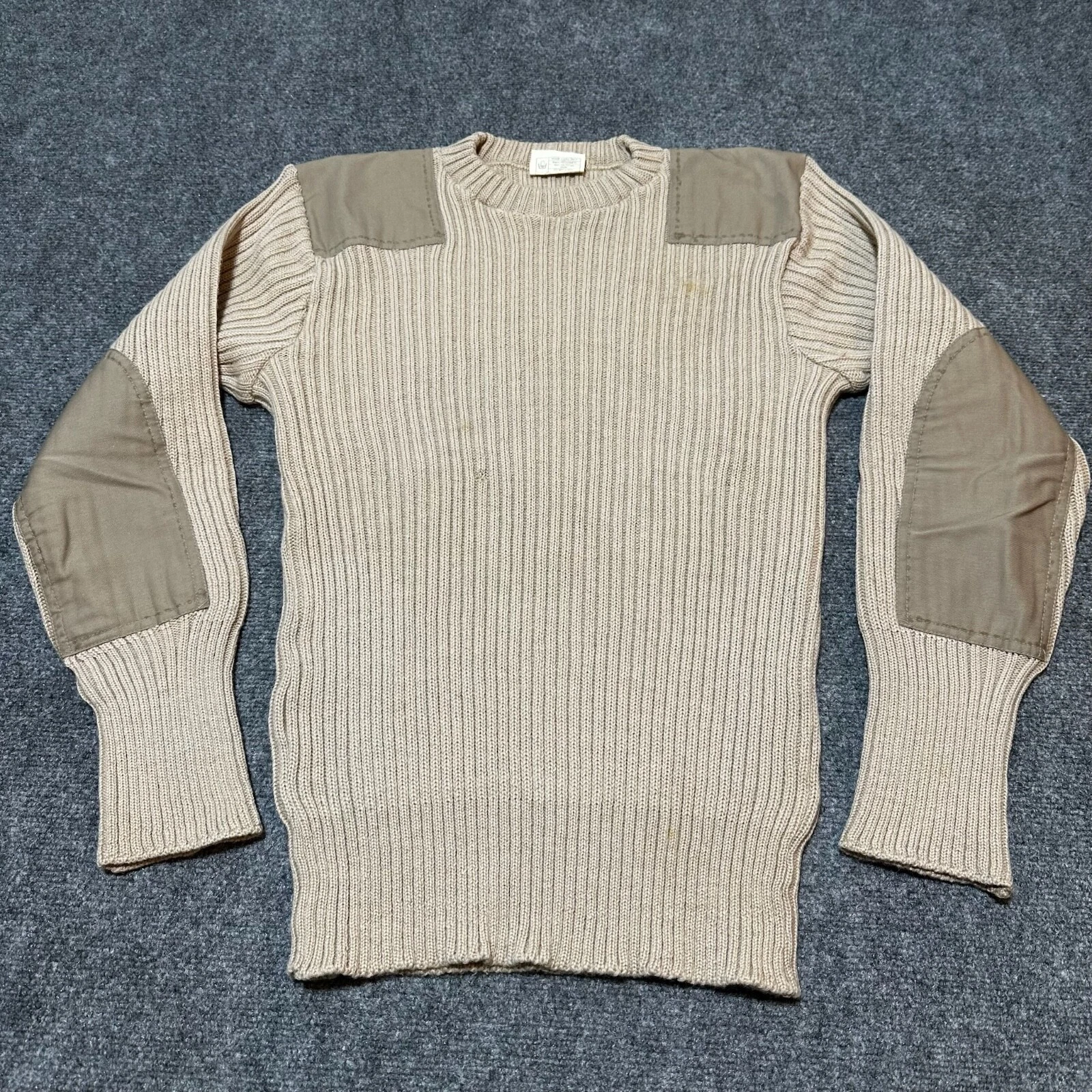 Sweater Mens 44 Beige Wool Knit Pullover Ribbed Elbow Patch Made In England